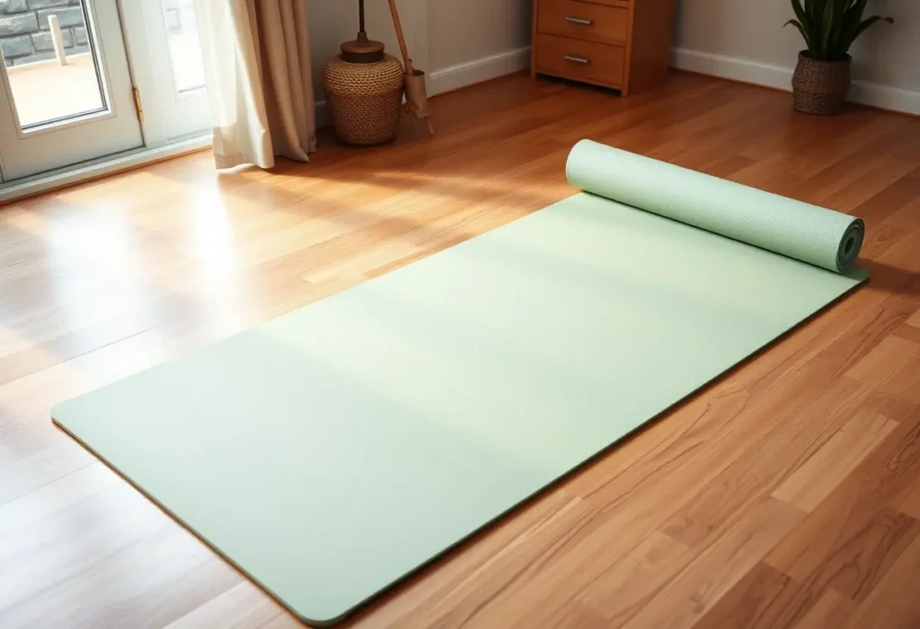 Un tapis de yoga confortable posé sur un plancher en bois chez soi pour la rééducation