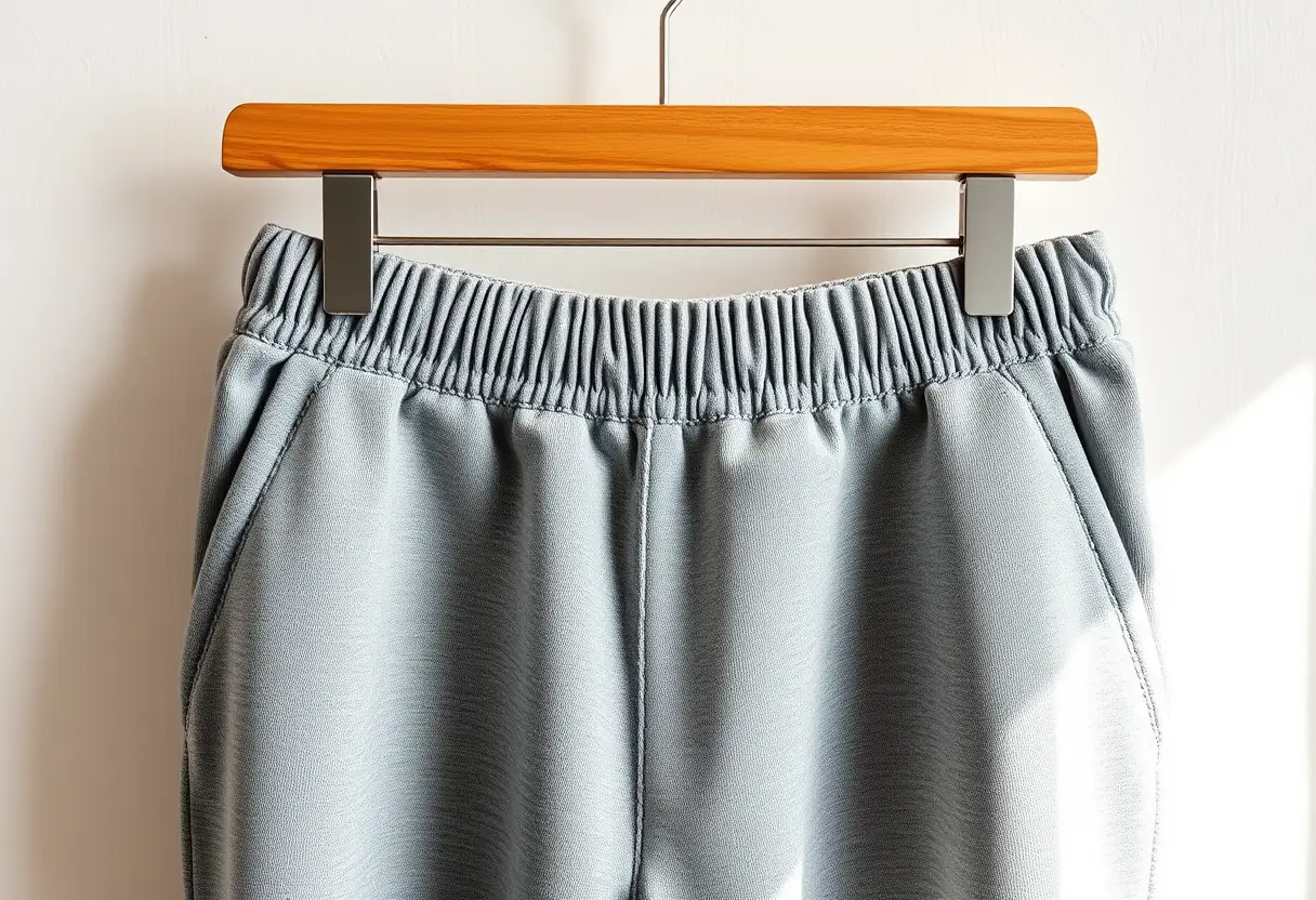 Un pantalon de sport à ceinture élastique suspendu sur un cintre en bois pour la rééducation