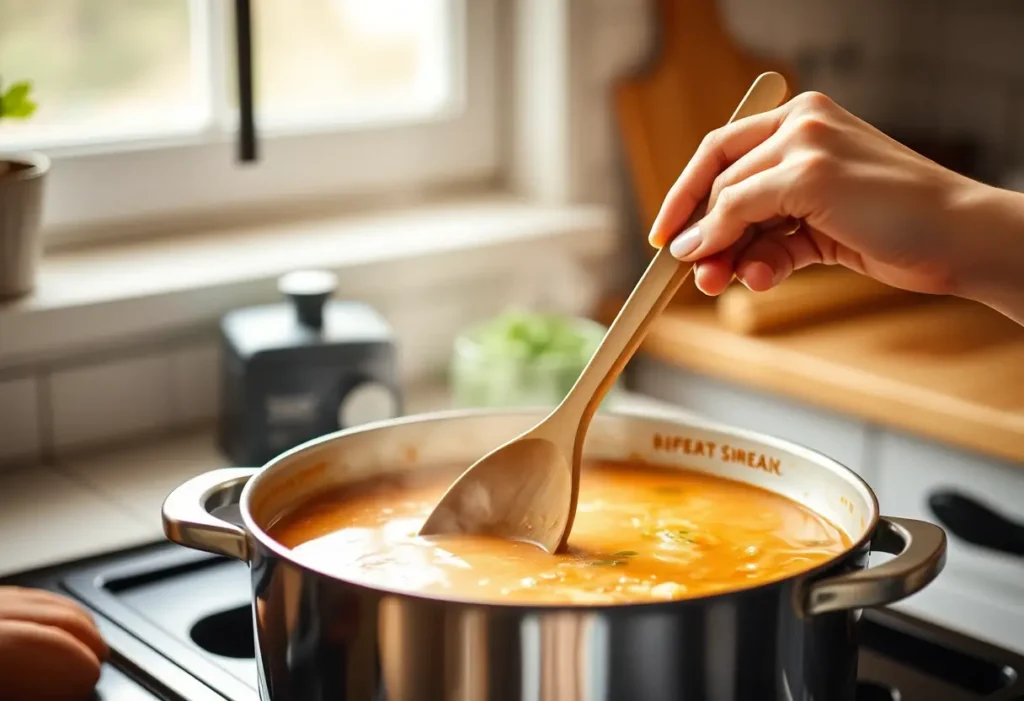 Une main féminine tient délicatement une cuillère en bois dans une cuisine accueillante