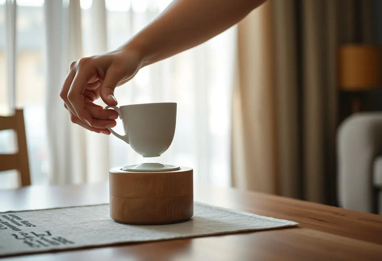 Des mains posent avec soin une tasse en porcelaine dans un coffret à thé en bois dans un salon
