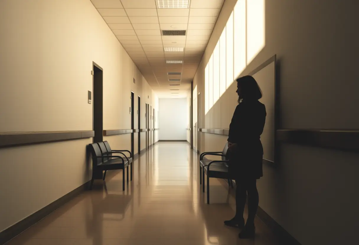 Vue d'ensemble : Un profil féminin se reflète dans un couloir d'attente médicale dans un article sur la douleur abdominale.