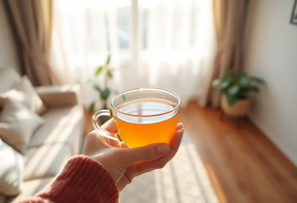 Une main tenant une tasse de thé chaud dans un salon accueillant, évoquant bien-être et sérénité