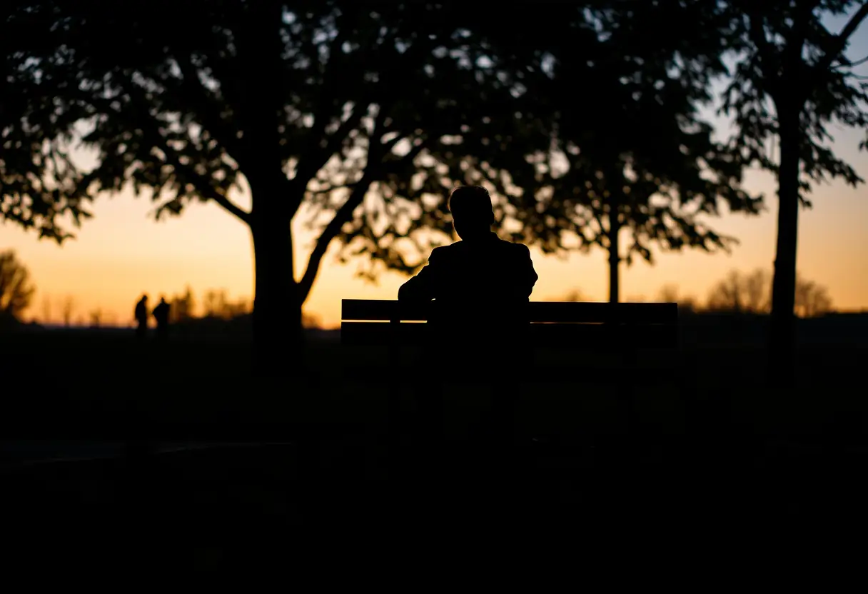Un profil flou d'une personne assise sur un banc dans un parc aux couleurs automnales, reflétant sérénité et introspection