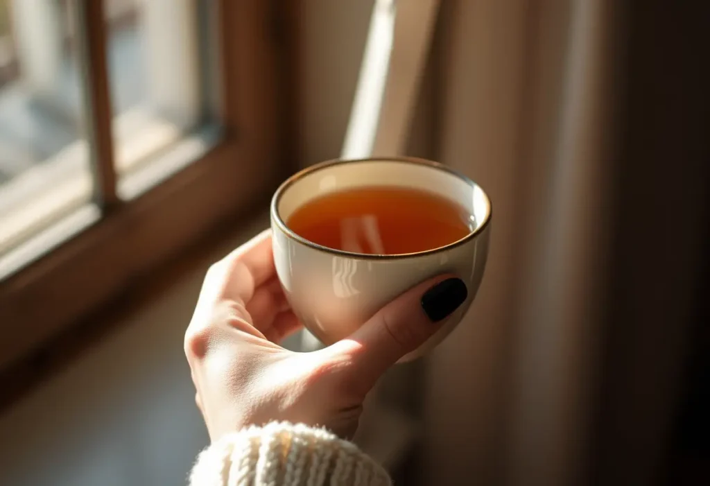 Une main tenant une tasse de thé chaud, éclairée par la lumière naturelle.