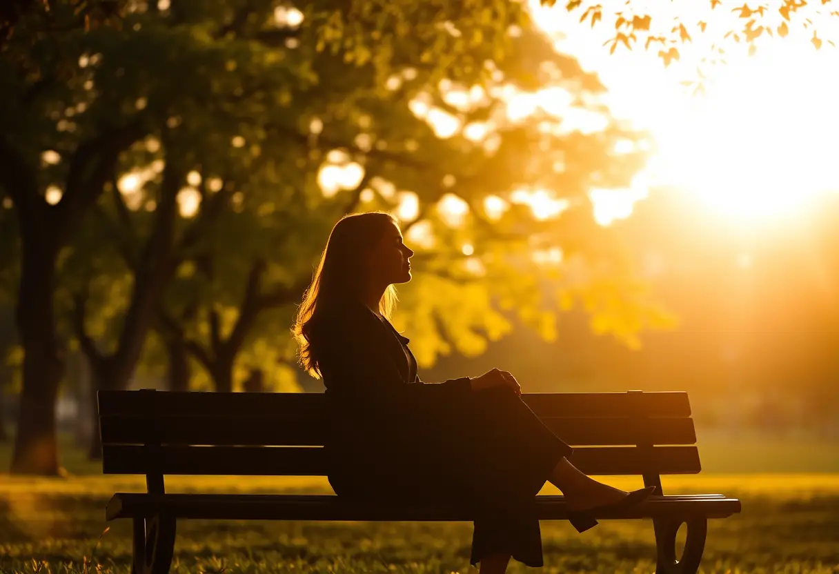 Un profil de femme assise sur un banc de parc, éclairée par la lumière du crépuscule.