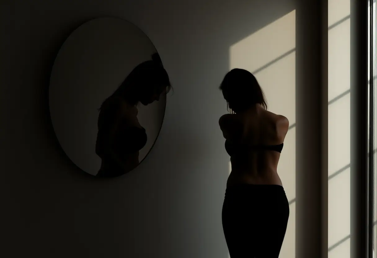 Un reflet d'une femme dans un miroir, se contractant lentement pour l'exercice du périnée