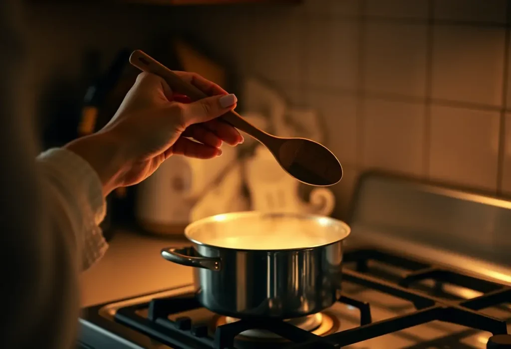 Une main tient une cuillère de bois au-dessus d'une marmite dans une cuisine, symbolisant le bien-être pendant la grossesse.