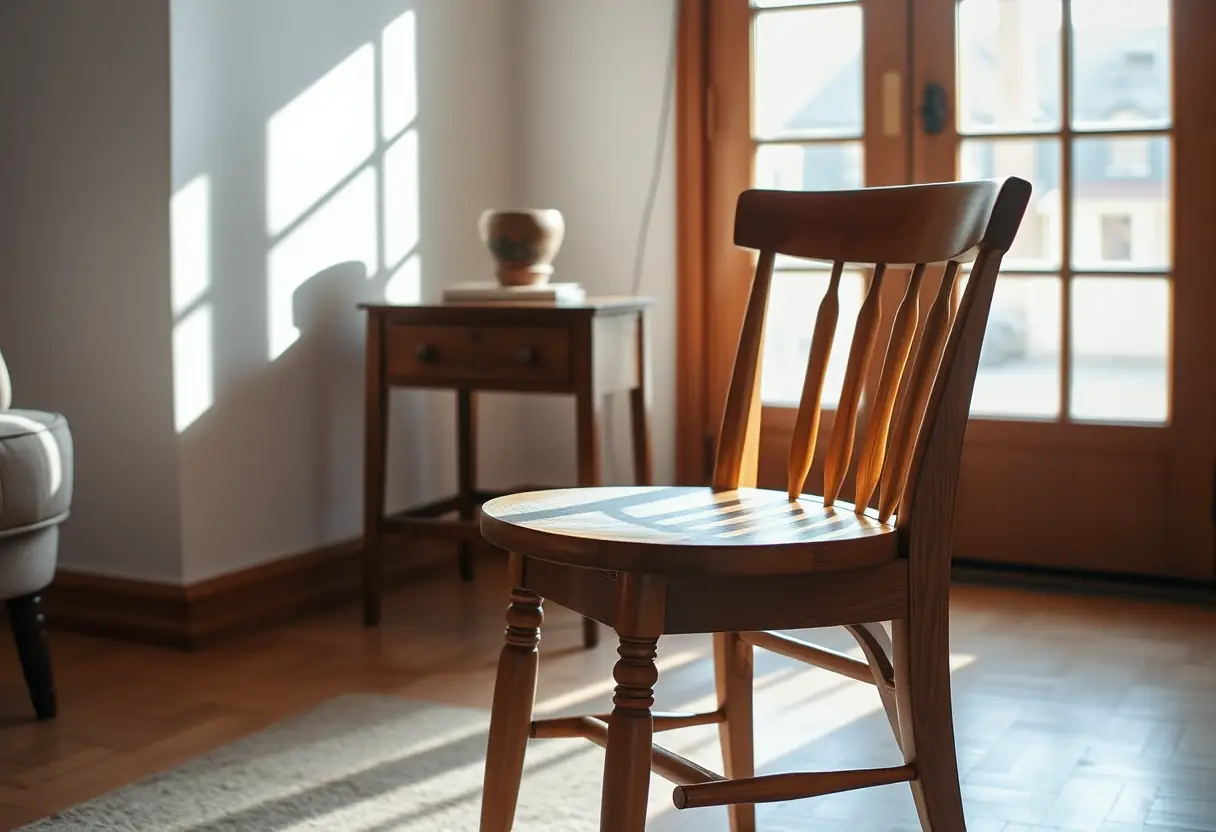 Un fauteuil en bois dans un salon, éclairé par la lumière naturelle, représentant la durabilité du corps pendant la grossesse.