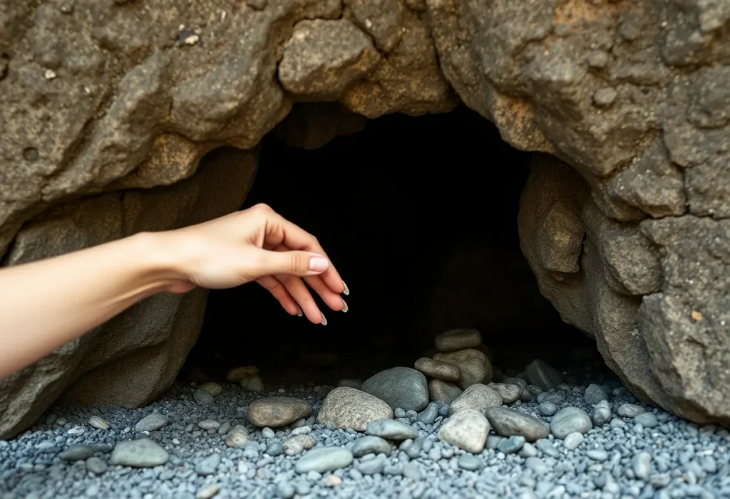 Une main posant des pierres à l'entrée d'une grotte, symbole du début d'un chemin intérieur