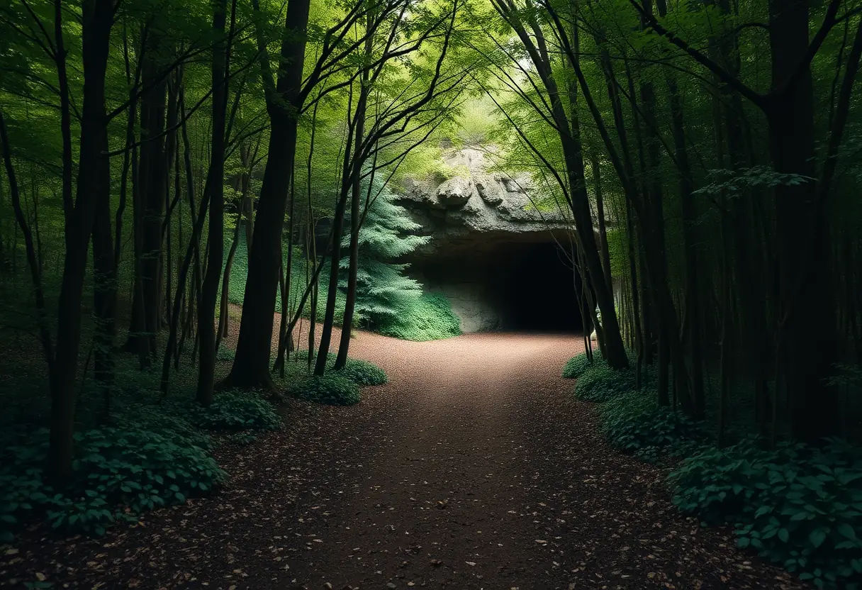 Un sentier serein menant à une grotte cachée, symbole du parcours vers l'acceptation de soi