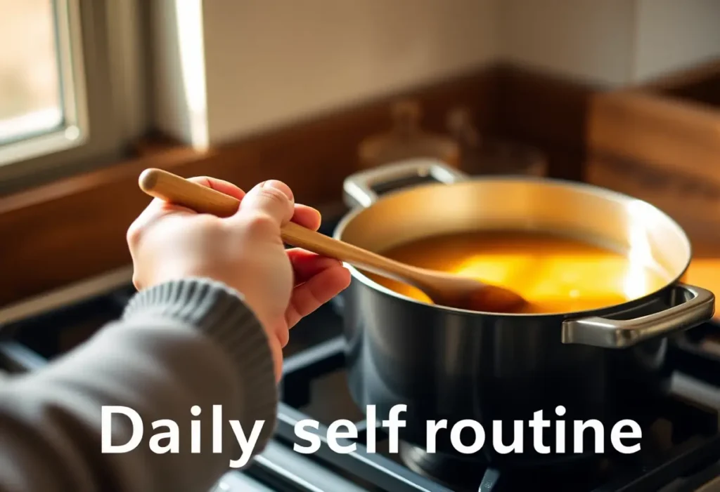 Une main féminine tient une cuillère en bois dans une cuisine, soulignant l'importance des routines quotidiennes.