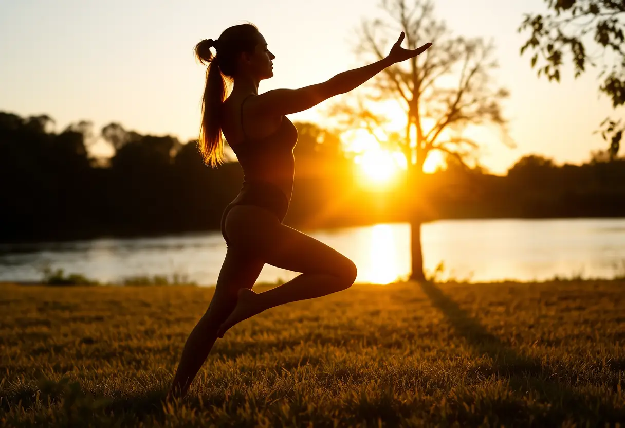 Silhouette de femme pratiquant le yoga dans un parc, la lumière dorée du soleil couchant éclairant la verdure.