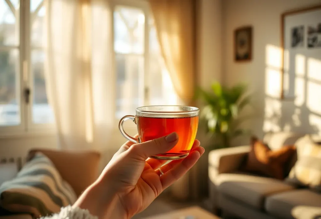 Une main tenant une tasse de thé chaud dans une pièce accueillante, thématique sur le bien-être féminin.