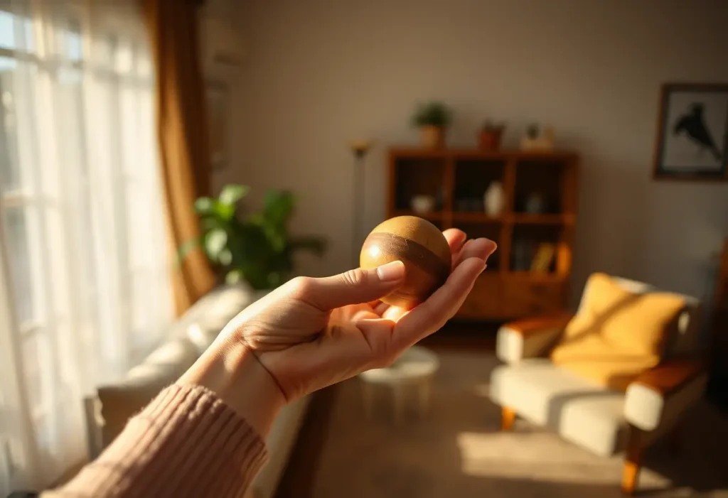 Main de femme tenant une boule en bois dans un salon accueillant