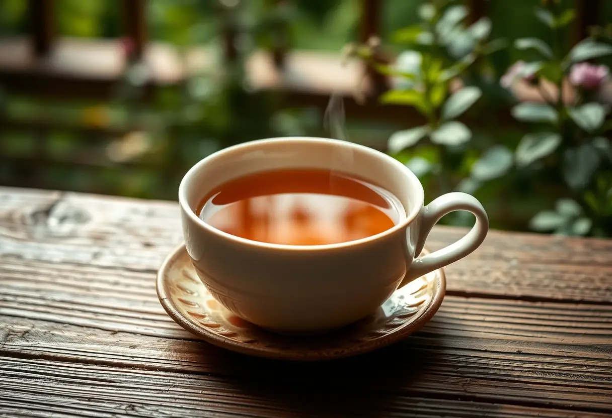 Tasse de thé posée sur une table en bois dans un jardin calme