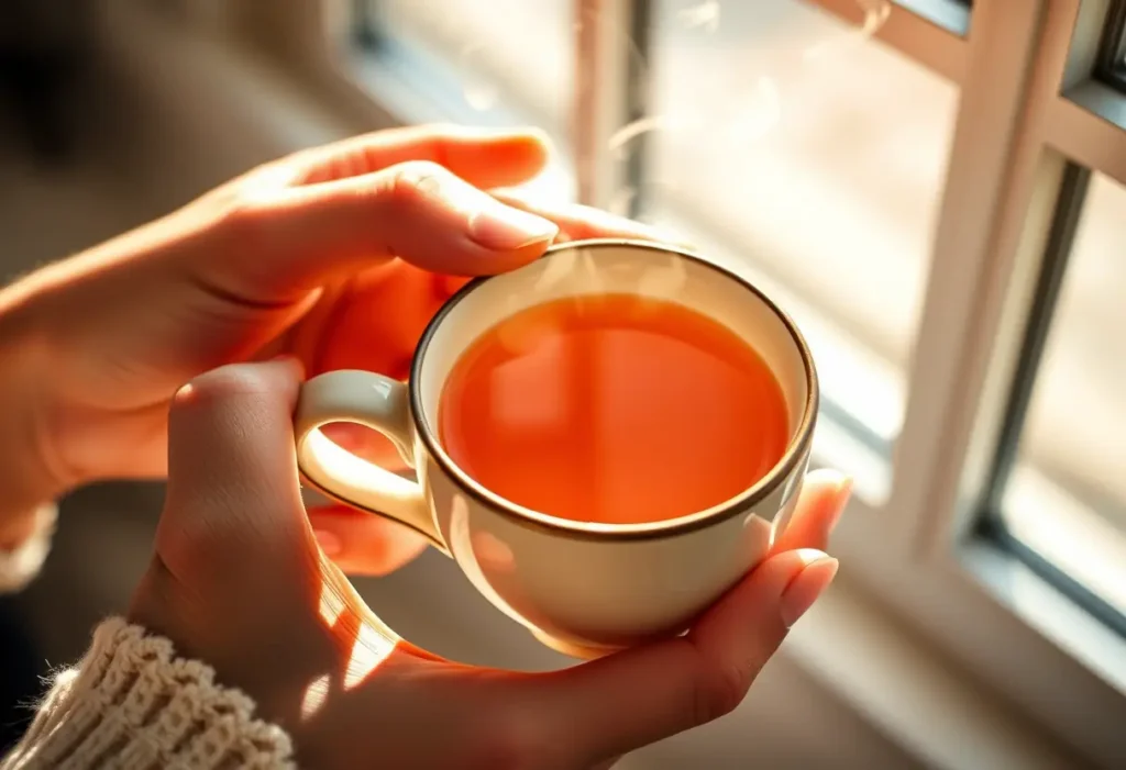 Une main féminine tient une tasse de thé chaud, éclairée par la lumière naturelle.