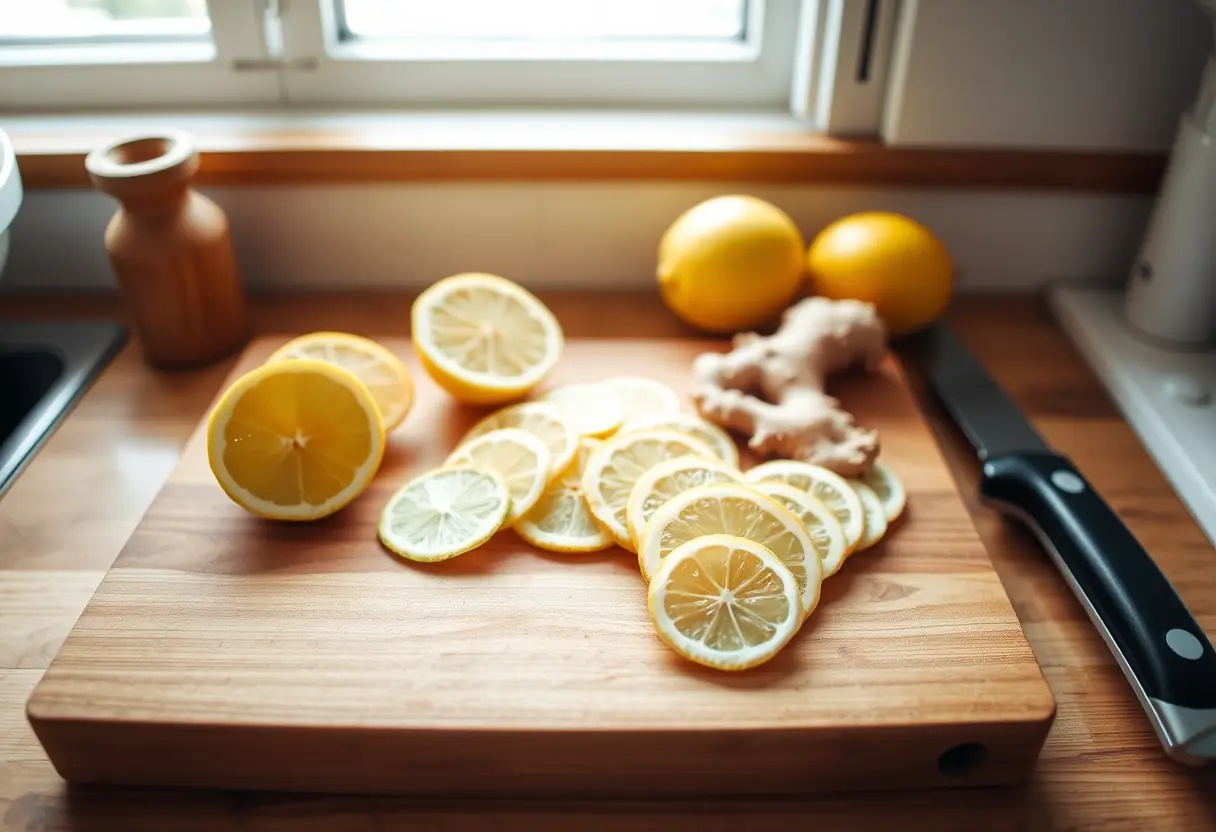 Un plan de travail de cuisine avec des tranches de gingembre et de citron disposées avec soin.