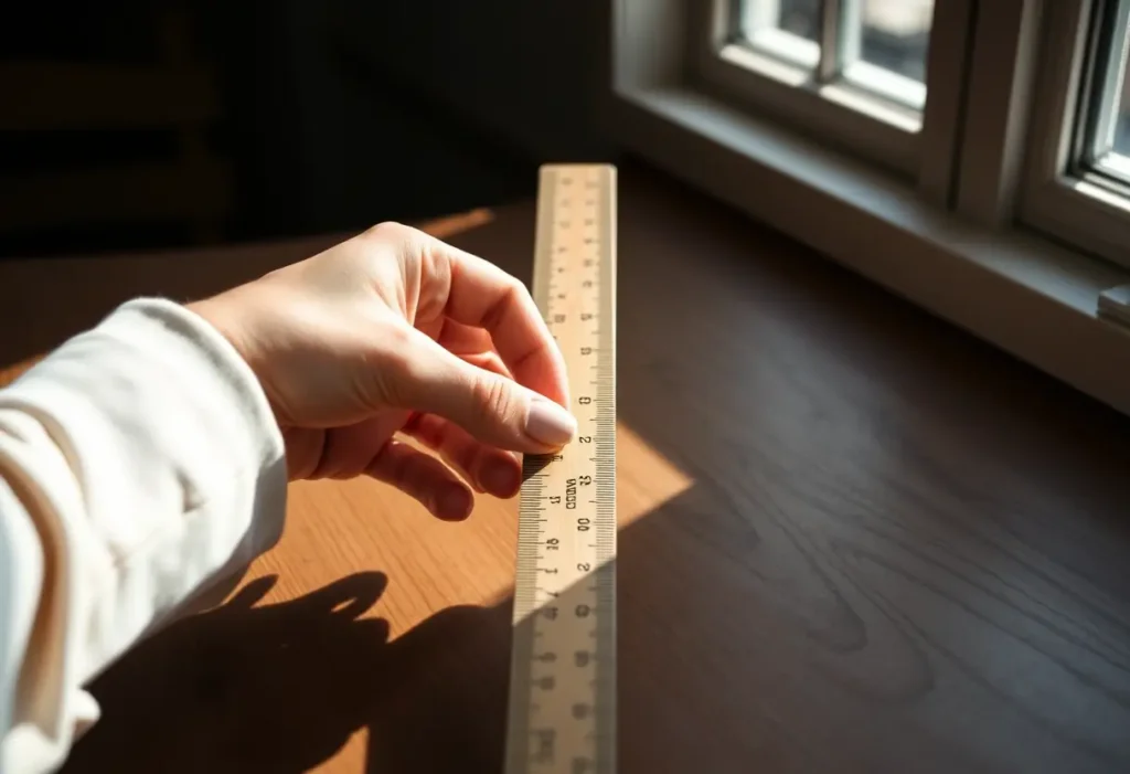 Main de femme tenant un règle en bois sur une table, éclairée par la lumière naturelle.
