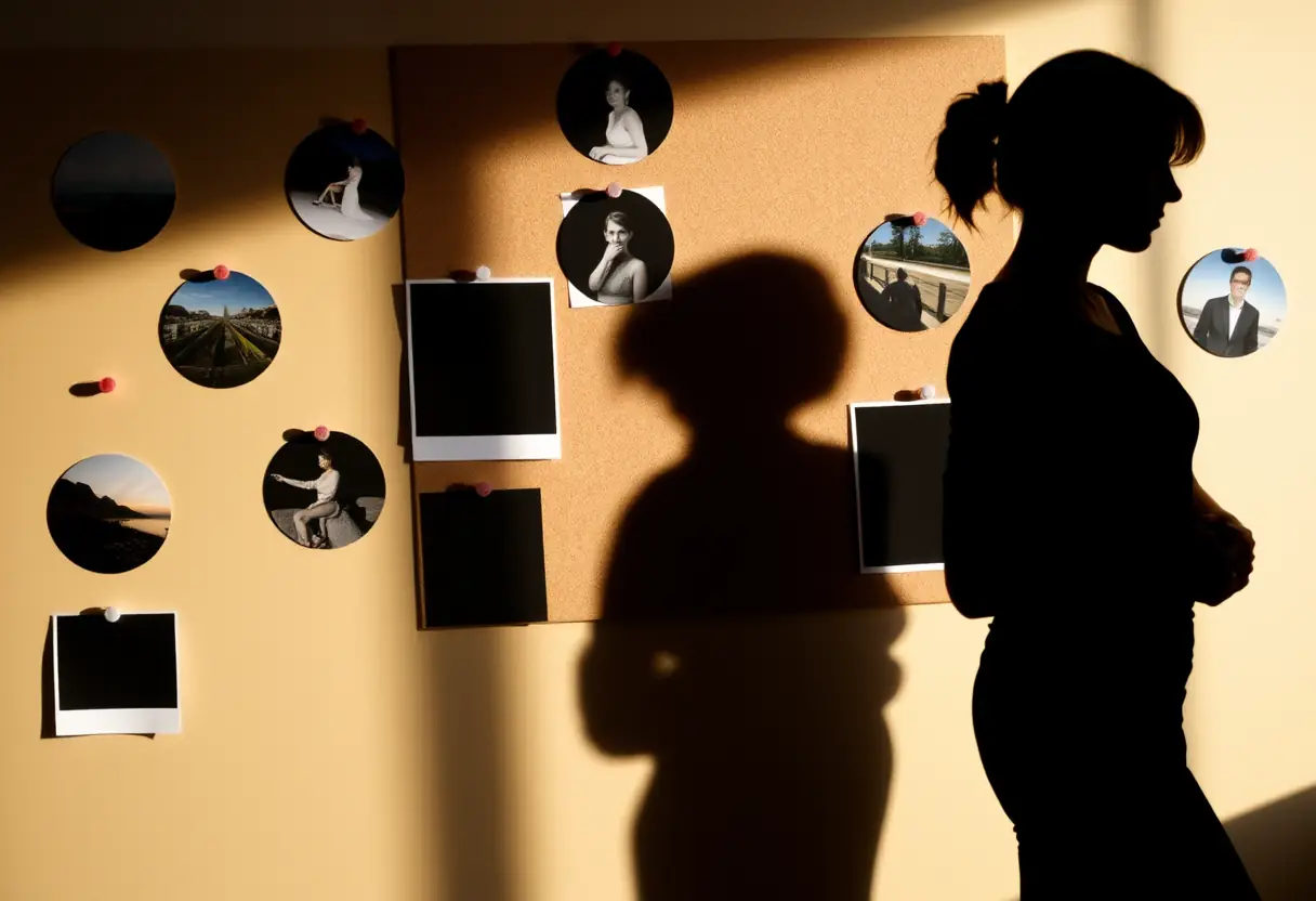 Silhouette de femme debout contre un mur de liège avec des photos rondes accrochées.