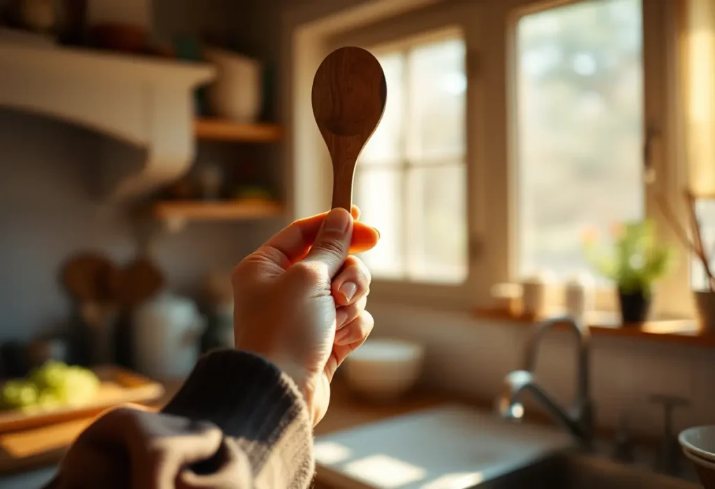 Main: Une main féminine tient une cuillère en bois dans une cuisine accueillante.