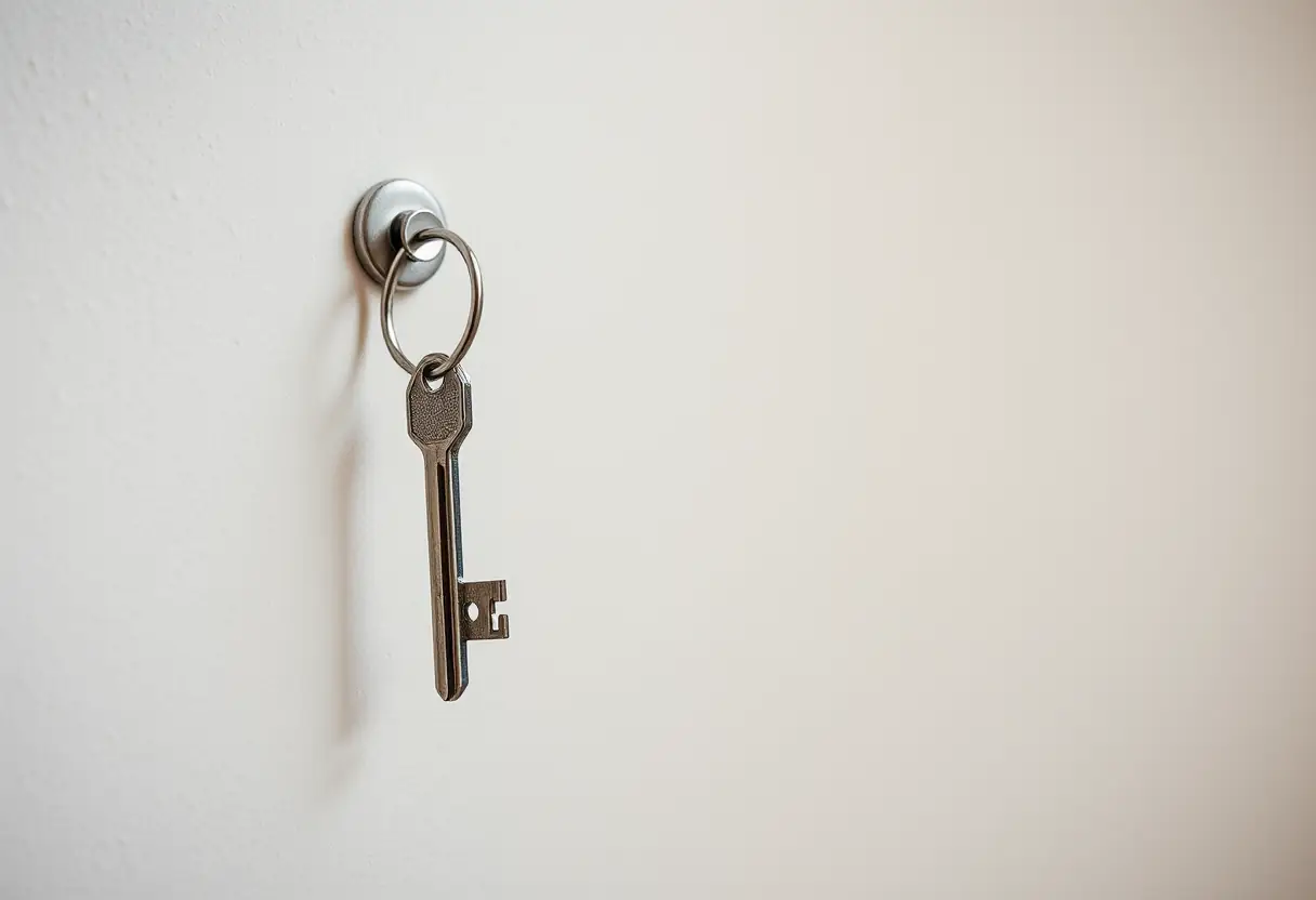 Main: Une clé métallique accrochée à un mur simple, représentant la sécurité et la sérénité.