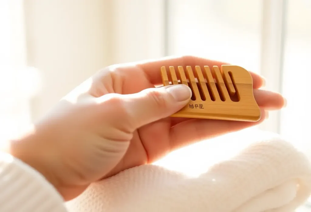 Une main féminine tient délicatement un peigne en bois