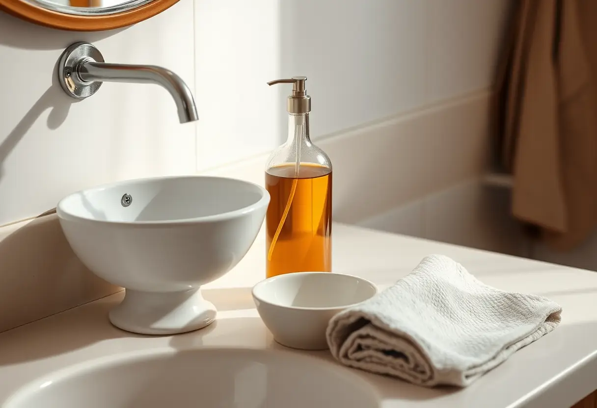 Un lavabo avec une bouteille d'huiles essentielles surplombant une bassine d'eau