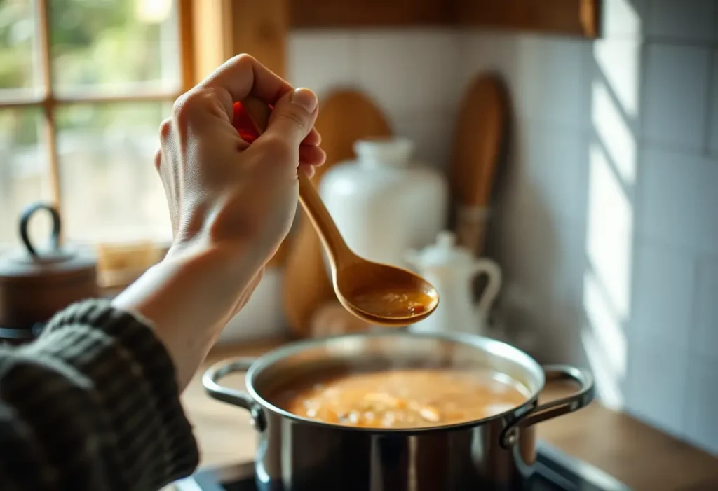 Une main féminine tenant une cuillère en bois au-dessus d'une marmite mijotant, bien-être féminin