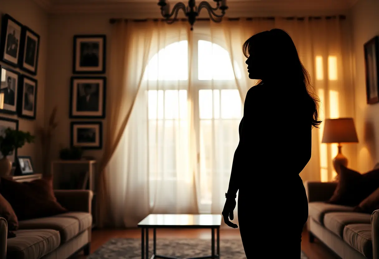 Silhouette d'une femme dans un salon douillet, éclairé par la lumière du soir, bien-être féminin