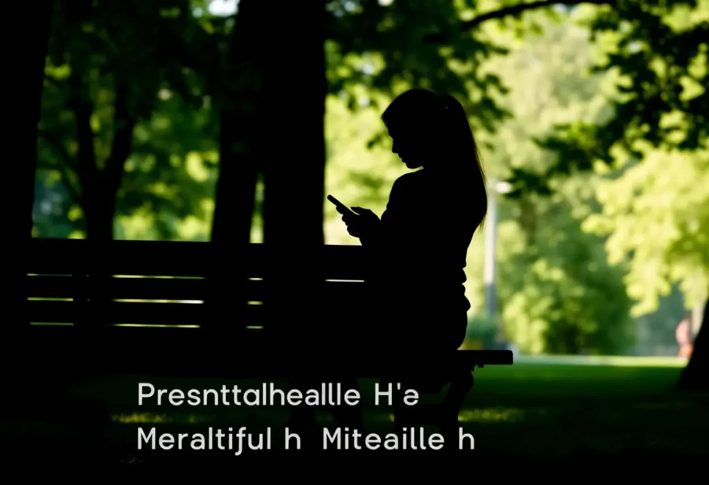 Un profil de femme assise sur un banc dans un parc, utilisant son téléphone portable, illustrant l'intégration de la technologie dans la gestion de la santé personnelle.