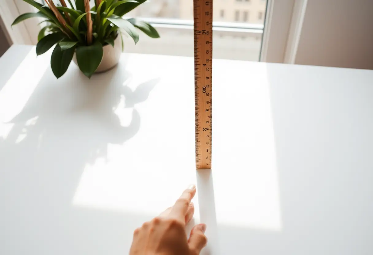 Une main féminine tenant un règle en bois sur un bureau blanc, lumière naturelle