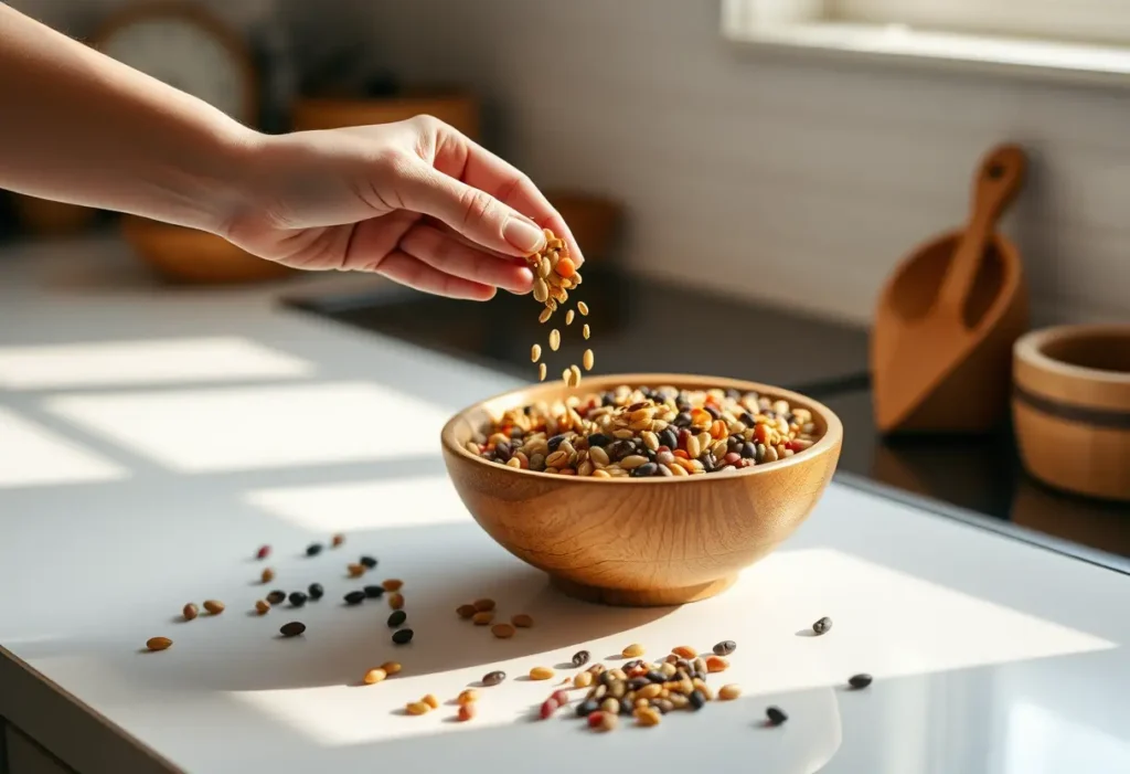 Main de femme versant des graines dans un bol de bois rempli de légumineuses colorées, cuisine naturelle