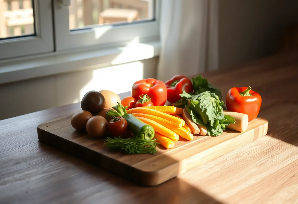 Planche à découper en bois sur une table de salle à manger avec des légumes frais disposés soigneusement, lumière du matin