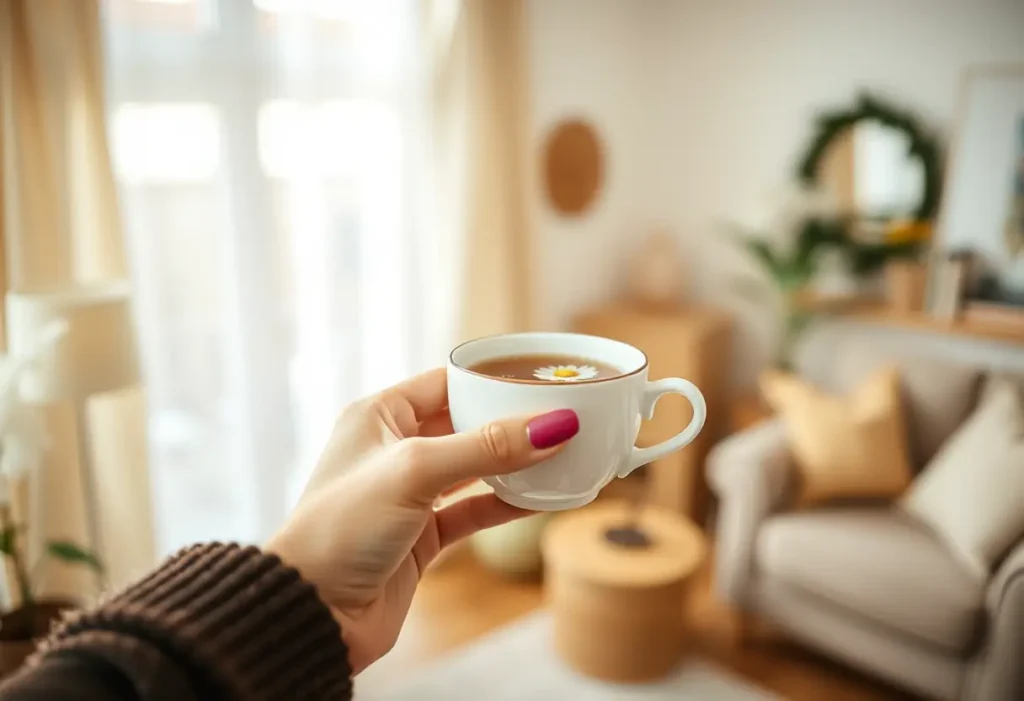 Une main tenant une tasse de thé camomille dans un salon accueillant