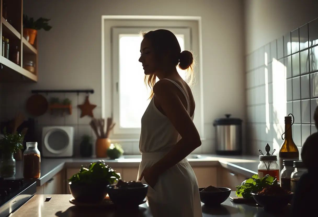 Un profil d'une femme dans une cuisine avec des épices et des herbes sur le comptoir