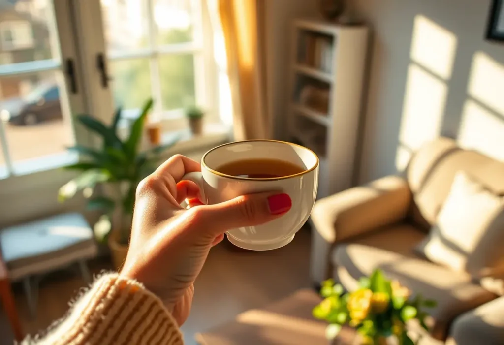 Une main féminine tenant une tasse de thé de camomille dans un salon accueillant, lumière naturelle chaude