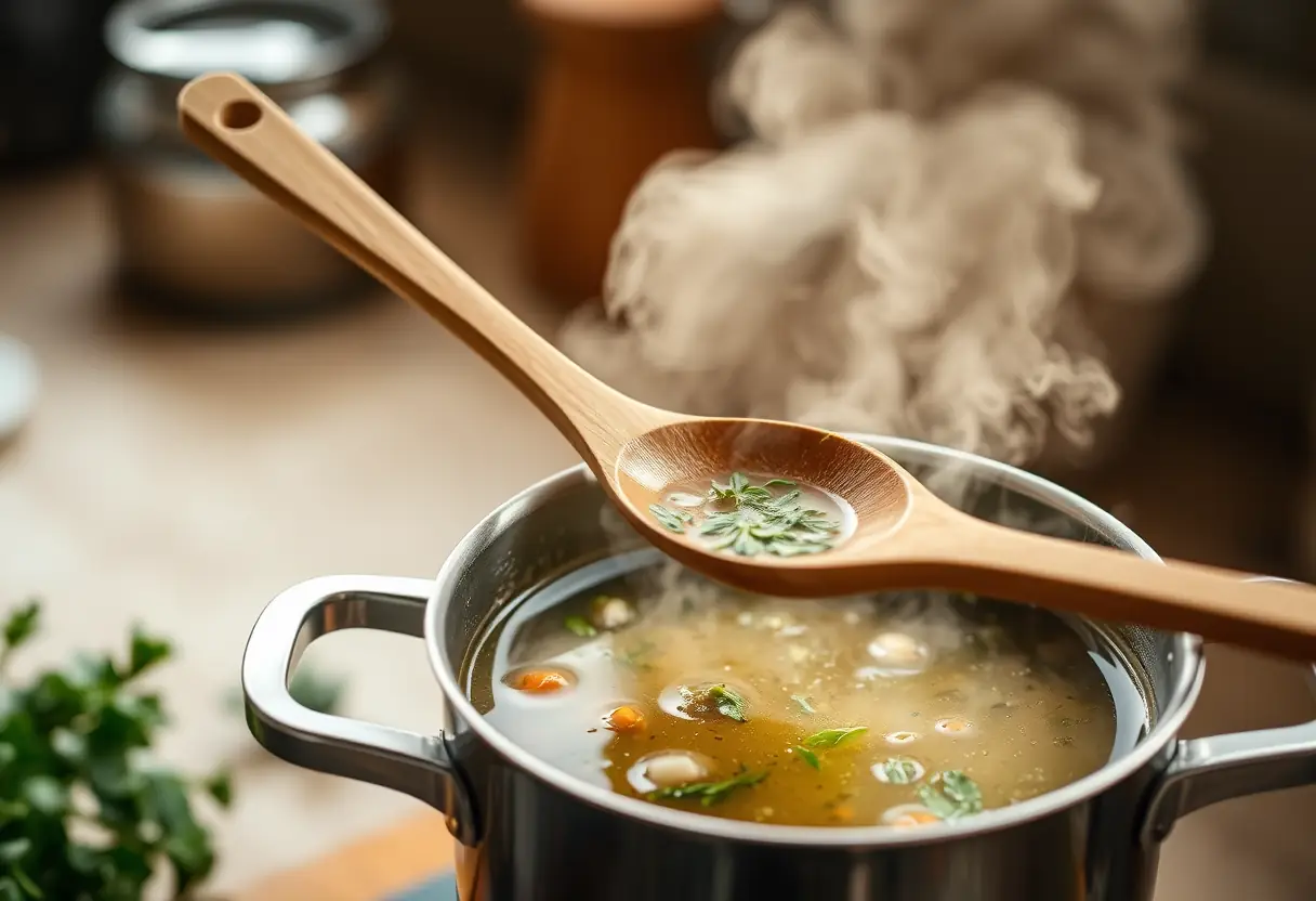 Une cuillère en bois remuant une marmite de soupe herbes sur un comptoir cuisine, éclairage doux et diffus