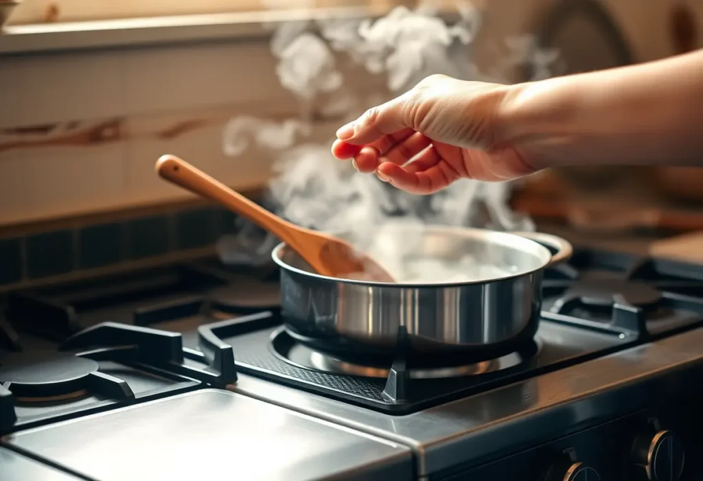 Une main féminine tient une cuillère en bois au-dessus d'une marmite qui mijote, illustrant le bien-être et l'acceptation de soi.