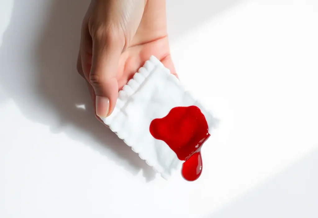 Une main féminine tenant un tampon en coton taché de sang