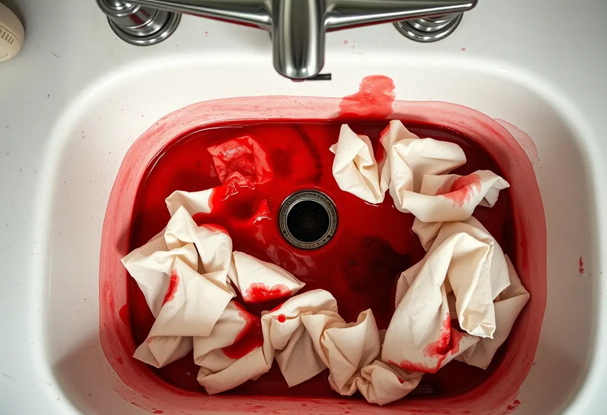 Un évier de cuisine rempli de serviettes hygiéniques tachées de sang