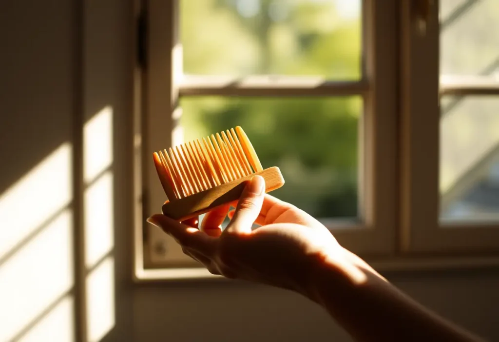 Main de femme tenant une brosse en bois dans une lumière douce