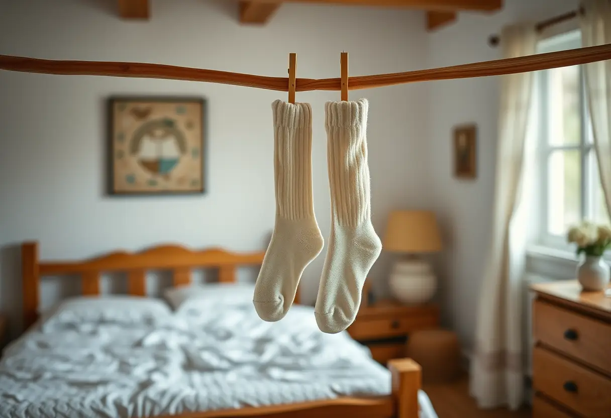 Chaussettes en coton suspendues dans une chambre accueillante