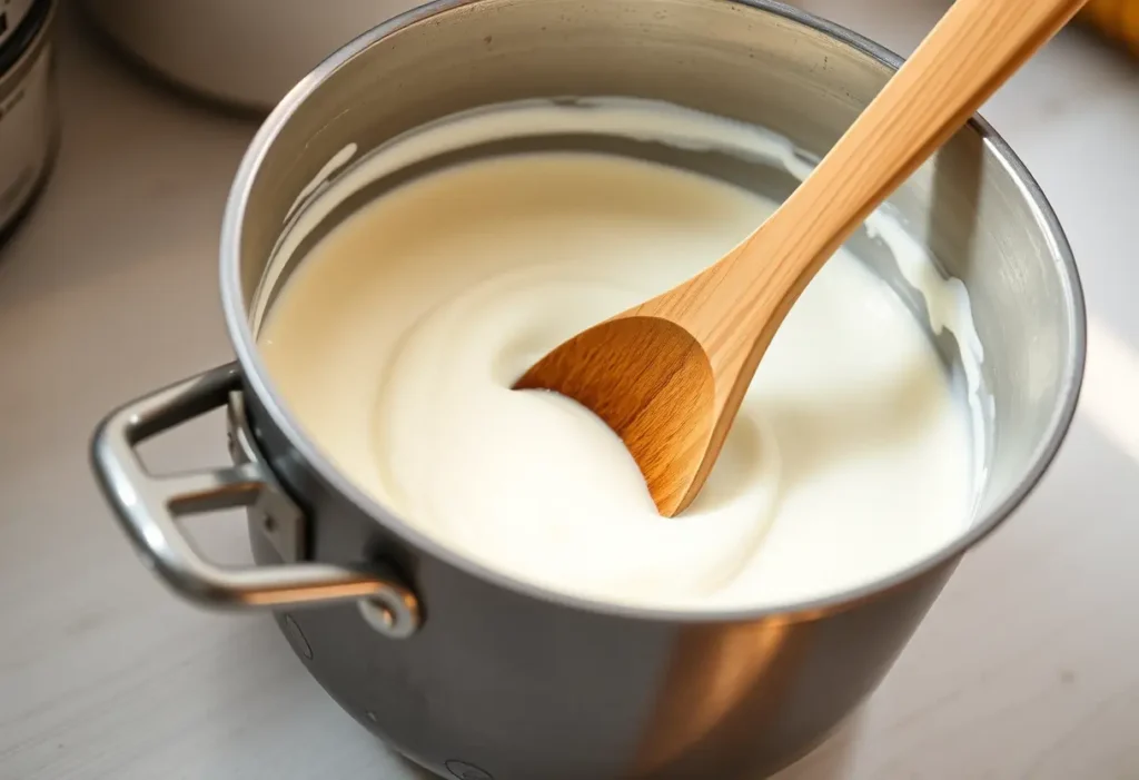 Une cuillère de bois mélange doucement une préparation de yaourt maison