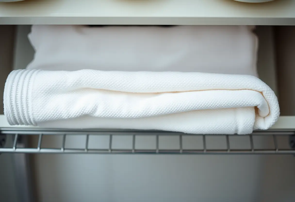 Un coussin de toilette en coton soigneusement plié sur une étagère de salle de bains