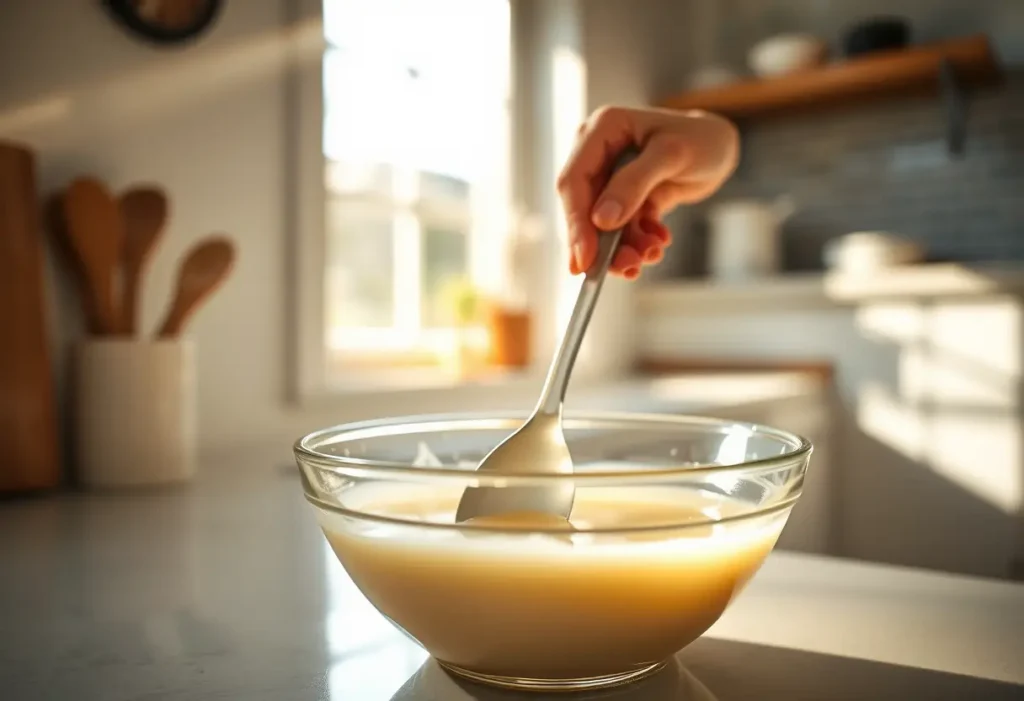 Une main féminine mélangeant de l'huile de coco avec des probiotiques, naturel et apaisant