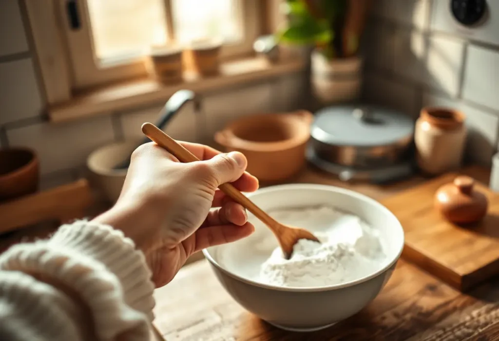 Une main mélange du bicarbonate de soude dans la cuisine