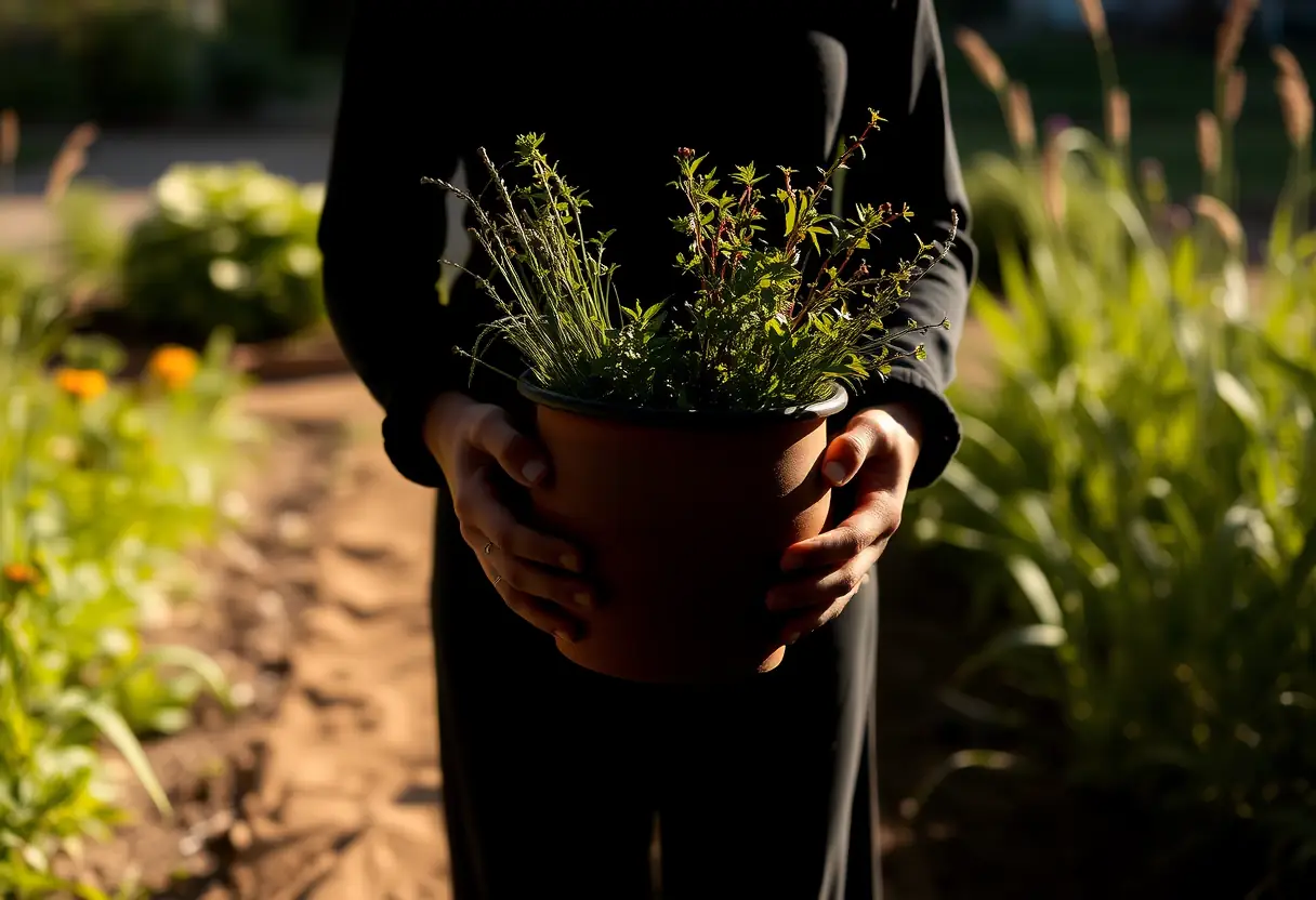 Une personne tient un pot d'herbes aromatiques dans le jardin