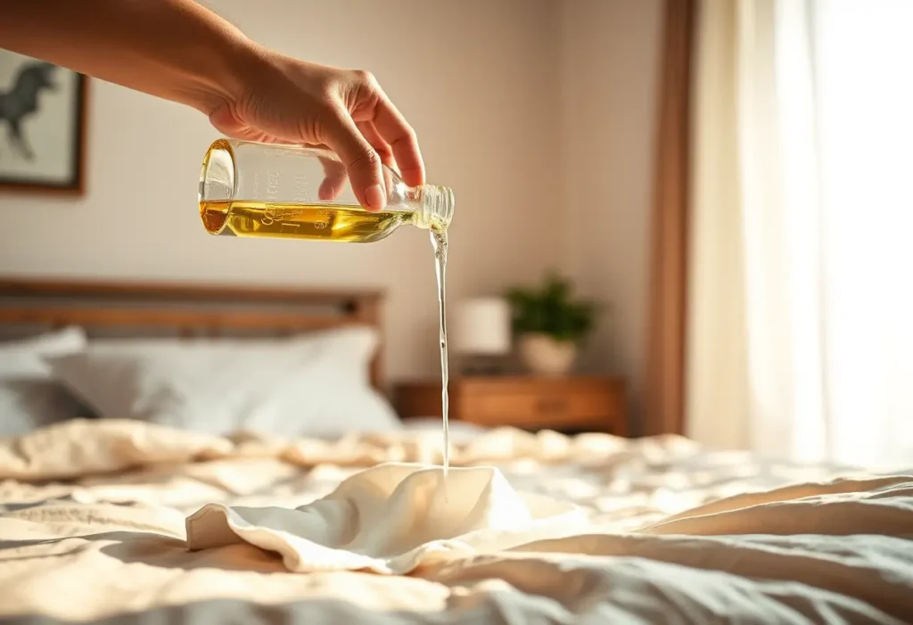 Une main verse du vinaigre de cidre sur un chiffon, préparation naturelle pour réduire les odeurs intimes