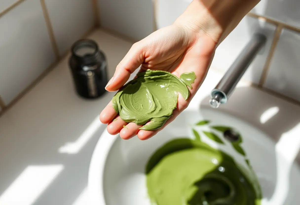 Une main applique une argile verte sur un lavabo, éclairée par la lumière naturelle