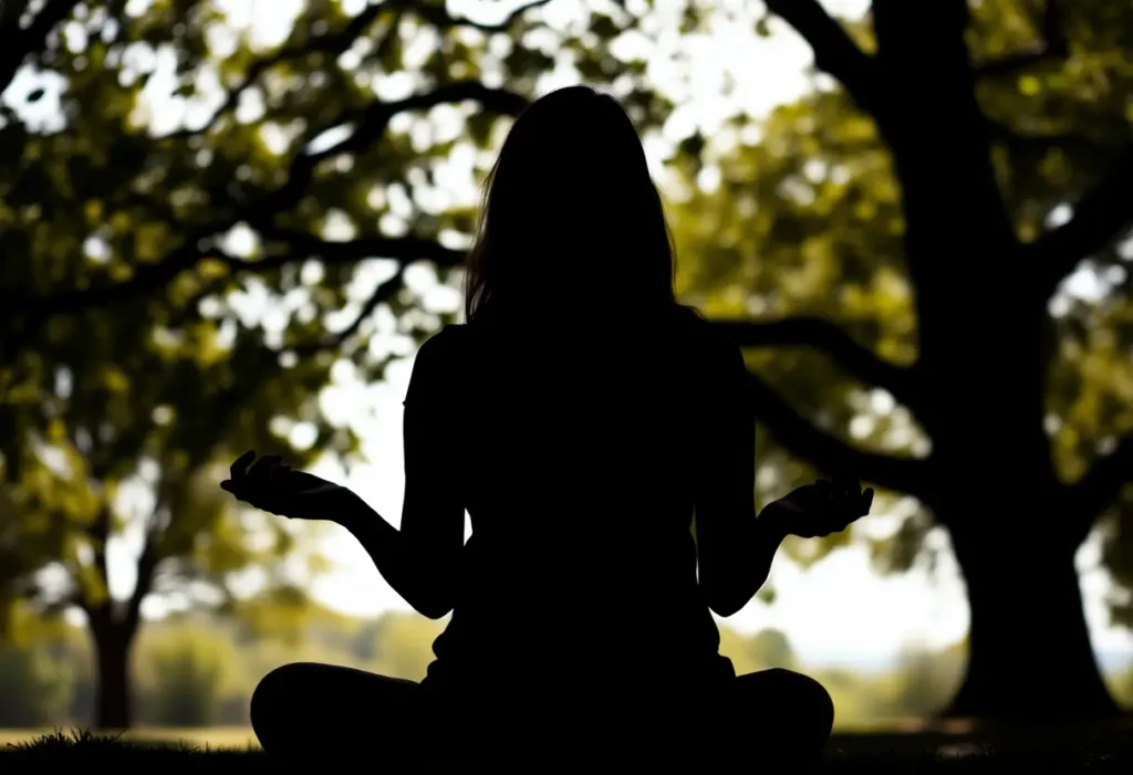 Une femme médite sous un arbre, les mains posées sur les cuisses